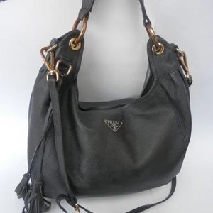 Large PRADA black leather bag handbag purse with crossbody strap